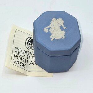 Wedgwood Blue Jasperware Octagonal Trinket Box With Dancing Lady Relief Design